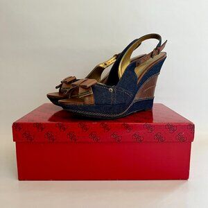 GUESS Batini Leather and Denim Slingback Platform Wedge Sandals